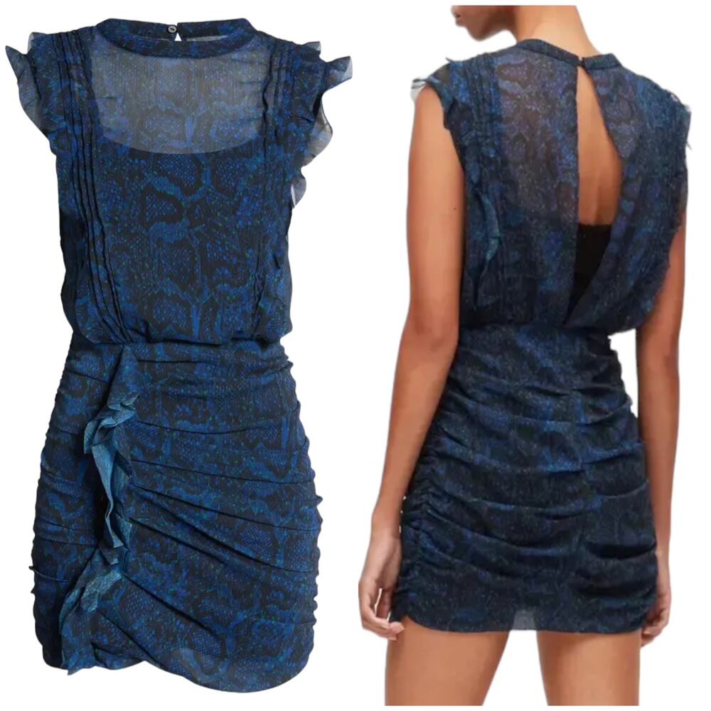 AllSaints NWT Hali Tamora Dress Royal Blue Snakeskin Animal Print Size 0 Ruched